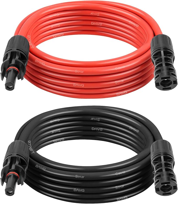 Solar Panel Extension Cable - 8AWG 10FT Solar Wire with Female & Male Waterproof Connector PV Wire for RV, Photovoltaic Systems, Home, Boat, Solar Panels, Car(10 Feet Red + 10 Feet Black)