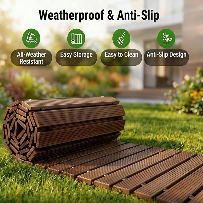 Wooden Garden Pathway Outdoor Walkway - 12 FT Roll Out Outdoor Pathway with Ground Stakes, Boardwalk Pavers for Outside Walkway, Non-Slip Garden Path for Backyard Decor, Lawn Landscaping, Brown