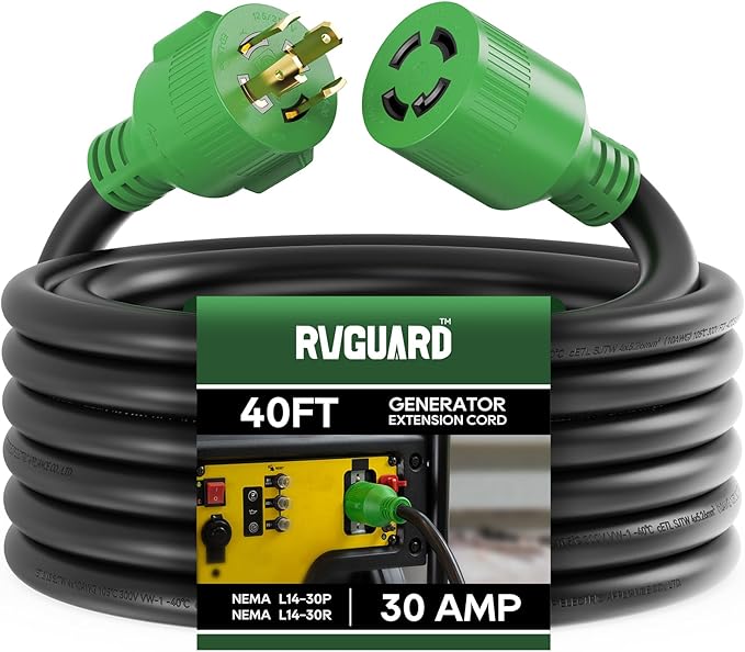 RVGUARD 4 Prong 30 Amp 40 Foot Generator Extension Cord, NEMA L14-30P/L14-30R, 125/250V Up to 7500W 10 Gauge SJTW Cord with Organizer, ETL Listed