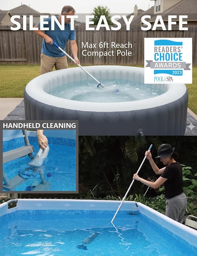 KOKIDO Cordless Handheld Pool Vacuum for Above Ground Pool, with 6ft Pole and 2 Vac Brush Heads, Ideal for Spot Clean Inground Pool Spa Hot Tub up to 20ft, Rechargeable, 60min, Sand and Debris XV110