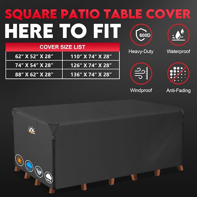 Zettum Patio Furniture Cover Rectangle - 600D Outdoor Table Cover Waterproof & Heavy Duty, Lawn Furniture Set Covers for Outside Rectangular Dining Table and Chairs Seating Combo - 88 x 62 x 28 Inch