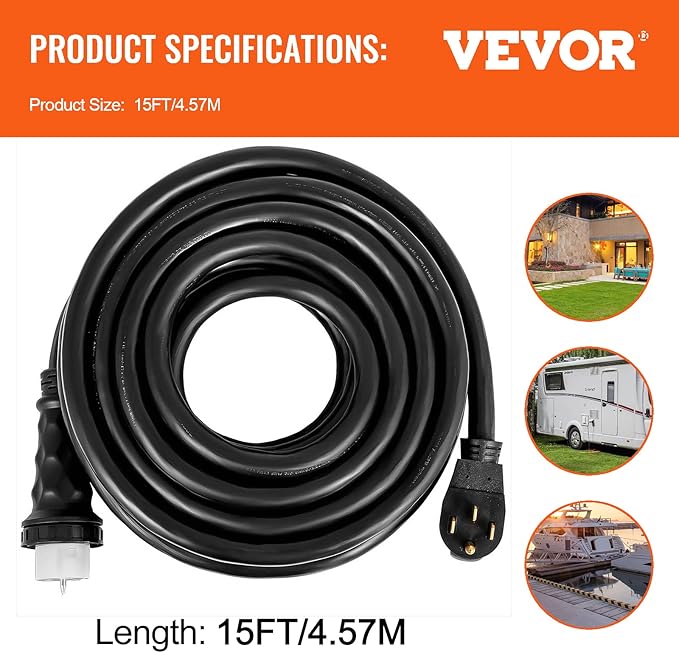 VEVOR 15FT 50 Amp Generator Extension Cord for RV Camper Home Backup, STW 6/3+8/1 AWG Pure Copper Generator Power Cord, NEMA 14-50P to SS2-50R & CS6364 Twist Lock, 125/250V 12500W, ETL Listed