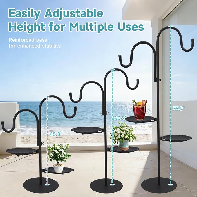 74" Shepherd's Hook Stand Plant，Wind Chime Hanger Stand, Bird Feeder,Waterproof Metal & Adjustable-Height Standing Pole Holder for Lantern and Wreath, Indoor & Outdoor