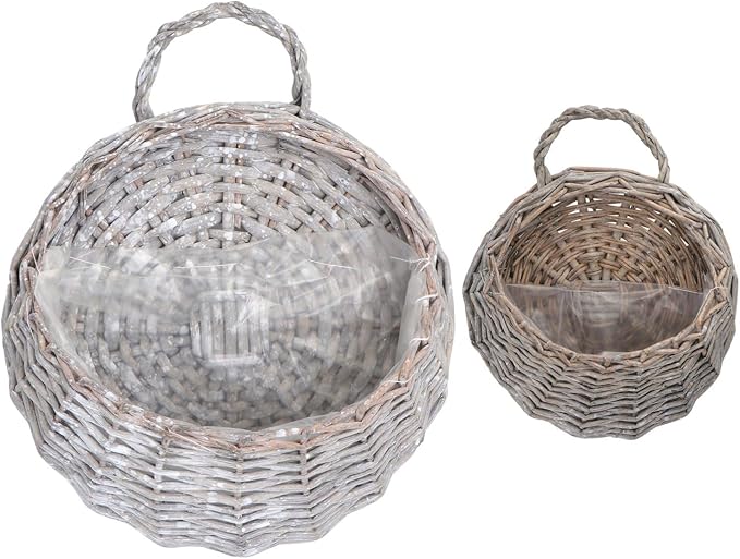 Wicker Hanging Basket Set 2 Pcs Handmade Wall-Mounted Planters for Indoor Outdoor Use Grey Willow Style Storage and Flowerpot