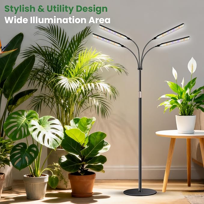 Kullsinss Grow Lights for Indoor Plants with Stand, 4-Heads Full Specturm Plant Grow Light with 4/8/12/16H Timer, 3 Color Modes, 360° Flexible Gooseneck, 24-68.7in Hight Adjustable Grow Lamp, Black