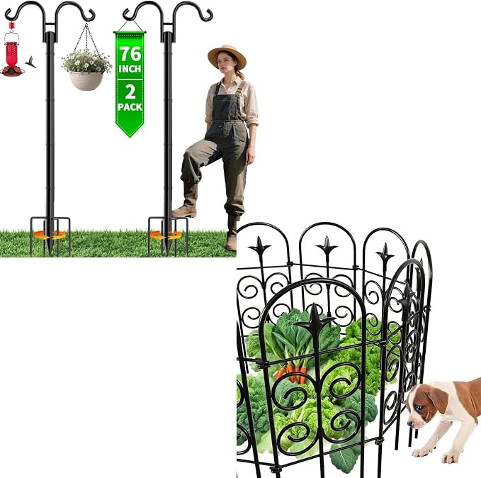 8 Panels 32in(H)×10ft(L) Decorative Garden Fences + Double Shepherds Hooks for Outdoor 76Inch 2 Pack