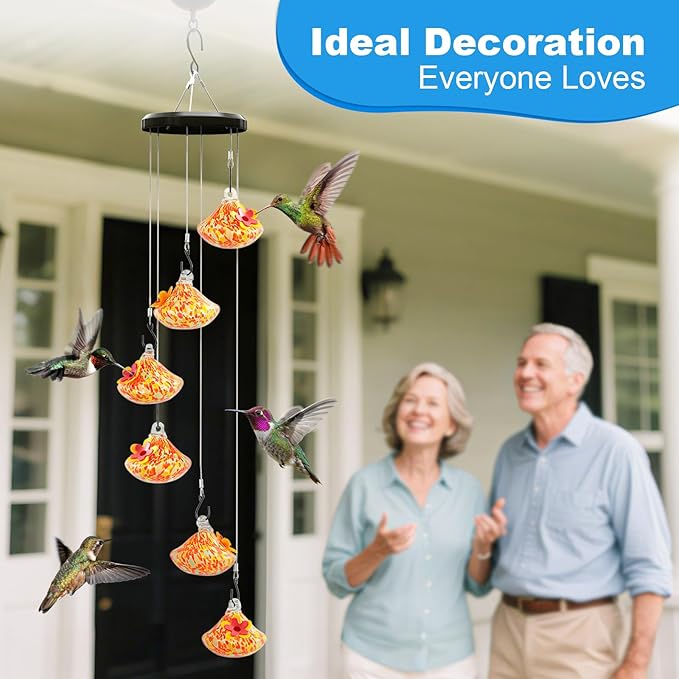 Wind Chime Glass Hummingbird Feeder - 20 Oz Outdoor Hanging Feeder with 6 Ports, Attract More Hummingbirds, Leak-Proof Design, Unique Garden Backyard Decor & Ideal Gift (Orange)
