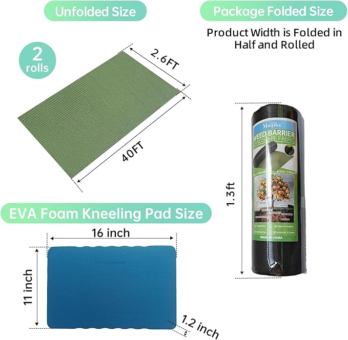 Heavy Duty Weed Barrier Landscape Fabric, 4.5oz/130g with Kneeling Mat Non-Woven Ground Cover, Used for Garden Bed, Patio, Flower Bed, Driveway, etc Breathable & Permeable, 2.6ft x 80ft