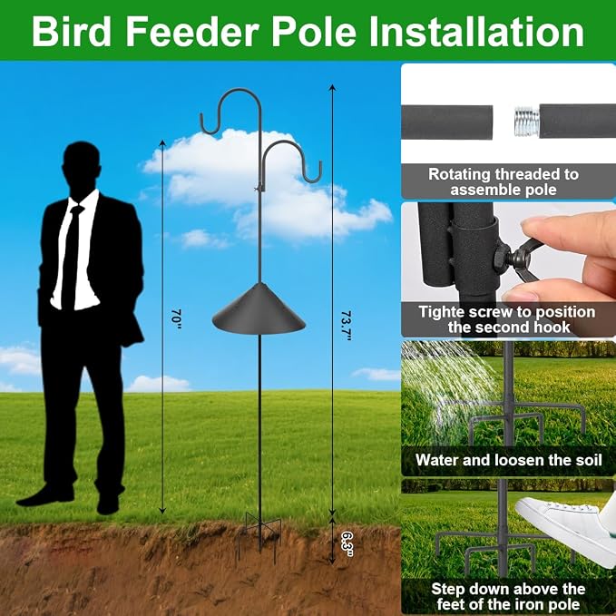 Bird Feeder Pole with Squirrel Baffle, 80" Tall Heave Duty Pole with Double Shepherd Hook 5 Prongs Base for Outdoor Hummingbird Feeders (No Bird Feeder)