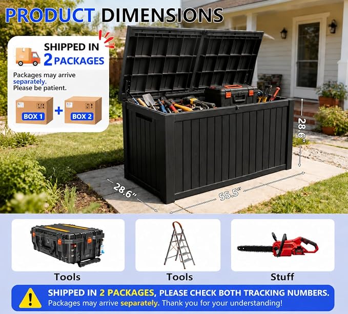 200 Gallon Outdoor Storage Box Resin Deck Box All Weather Waterproof Large Lockable Storage Container Deck Box for Patio Furniture, Garden Tools, Lockable, Black