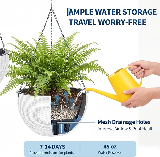 13.8 Inch Self Watering Hanging Planter, 4PCS Round Resin Hanging Basket for Indoor Outdoor Plants, Rattan Look Flower Pot with Drainage Plug, Deep Inner Pot and Sturdy Metal Triple-Chain Hanger