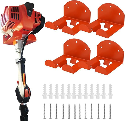 Garage Organizer Trimmer Rack, Weed Eater Hanger for Garage Wall, Heavy Duty Garden Power Tool Holder Wall Mounted for Grass Trimmer, Hedge Trimmer, Garden Tools，4 Pack (Orange)