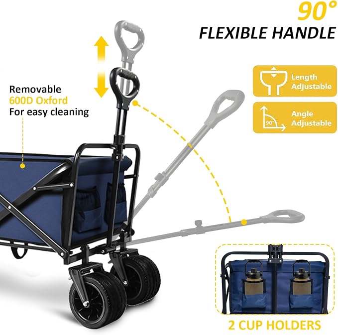 Foldable Wagon Cart, Collapsible Wagon Cart, 300lbs Folding Utility Wagon with All-Terrain Wheels, Collapsible Wagon for Gardening, Camping, Beach, Outdoor Use, Blue