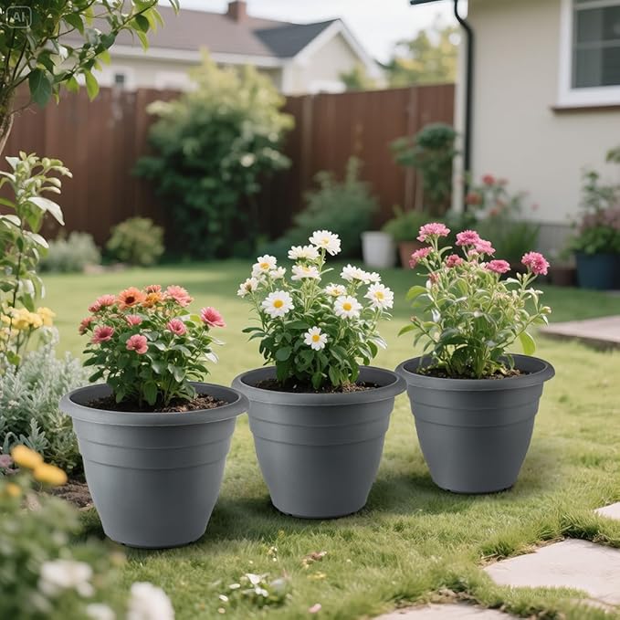 RooTrimmer 12 Inch Plant Pots, Large Planters for Outdoor Plants, Plastic Flower Pots - Durable and Lightweight with Drainage Holes (3 Packs, Gray)