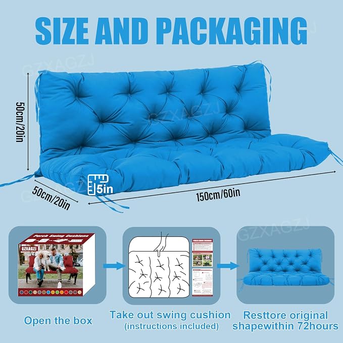 Durable Porch Swing Cushions 60 inch Extra 5" Thick Waterproof Outdoor Swing Cushions 3 Seater Replacement with Backrest and 8 Ties Not Easy to Fade Swing Cushion for Outdoor Furniture Patio