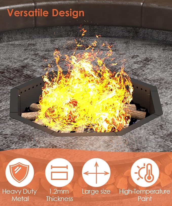 Mocomax Smokeless Fire Pit Ring 40-Inch Outer 36-Inch Inner Diameter, Large Solid Steel Firepit Liner for Outside Wood Burning, DIY Campfire Ring Above or In-Ground for Outdoor, Octagonal