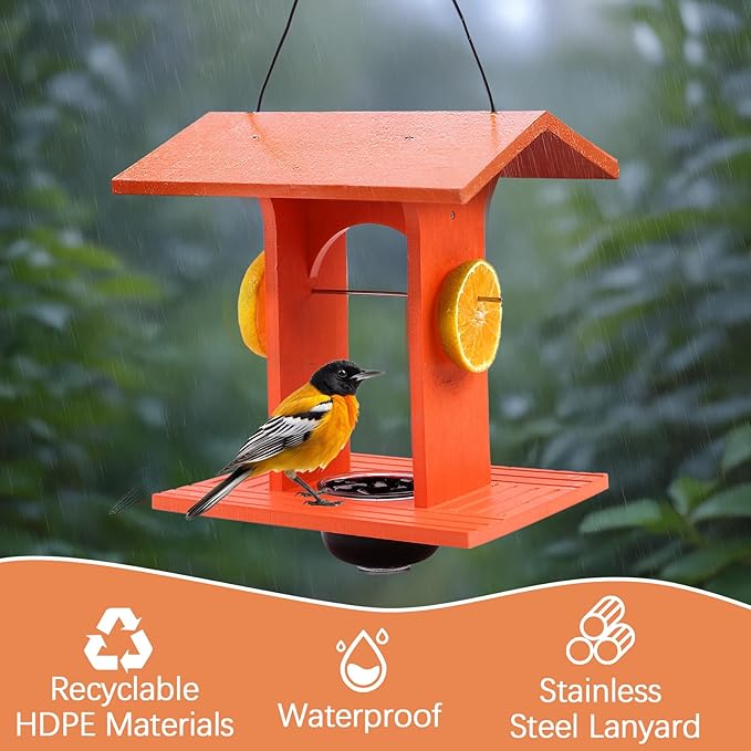 Oriole Feeder for Outdoors Hanging with Gift Box, Durable HDPE Plastic Oriole Jelly Feeder w/Fruit Holder & 6oz Glass Bowl, Bird Feeder for Orioles for Garden, Patio, Backyard