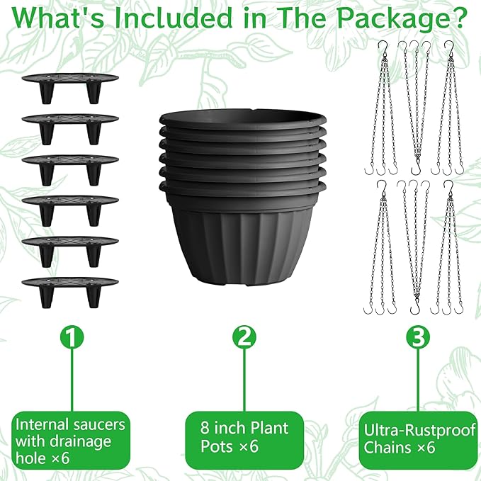 FGstyle 6 Pack Hanging Planters 8 Inch,Self Watering Pots for Indoor Plants,Plastic Hanging Basket with Soil Elevator and 20" Chain for Home Garden Porch Balcony Patio Decor(Black)