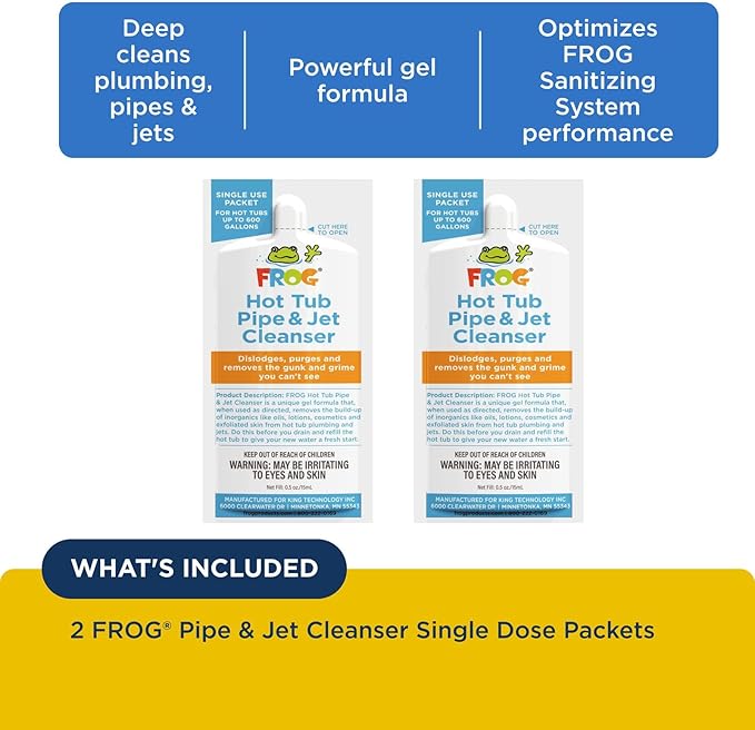 FROG Pipe & Jet Cleanser for Hot Tubs - Single Dose Deep Clean Purge Cleaner Packets for Clear Water - Prefilled for Hot Tubs to 600 Gallons - 2 Pack