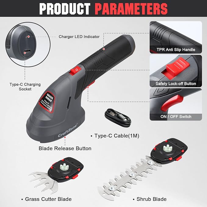 Cordless Grass Shear & Hedge Trimmer, 2 in 1 Handheld Bush Trimmer, 8V Electric Shrub Trimmer/Grass Cutter with Type-C Cable and Rechargeable Lithium-Ion Battery