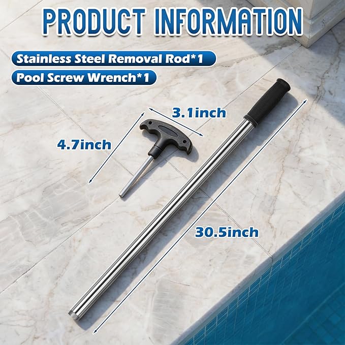 YUNVI Pool Cover Tool Set,30 1/2 inch Stainless Steel Pool Cover Rod with Hex Key,Swimming Pool Cover Installation and Removal Tool for Standard Pool Cover Anchors