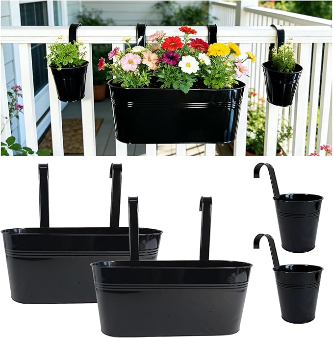 Set of 4 Outdoor Metal Railing Planters Box - 2 Pcs 5.12" Round Balcony Hanging Planter & 2 Pcs 17" Oval Fence Pot with Detachable Hooks Drainage, Black