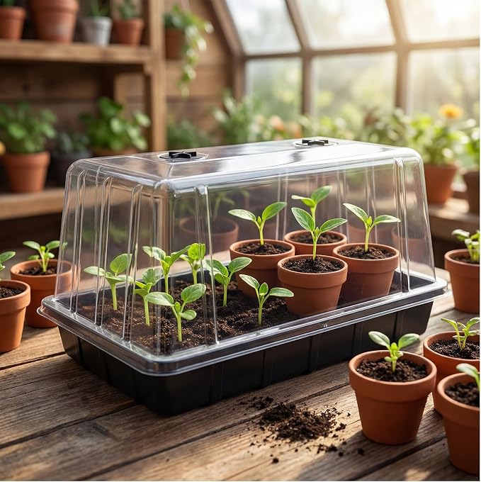 Vesici 10 Pack 1020 Plant Trays with Tall 7.87'' Humidity Domes Bulk Large Seed Tray with Handles 1020 Seed Starting Tray with Lid No Hole for Balcony Garden Seedling Planting Growing Seedling Starter