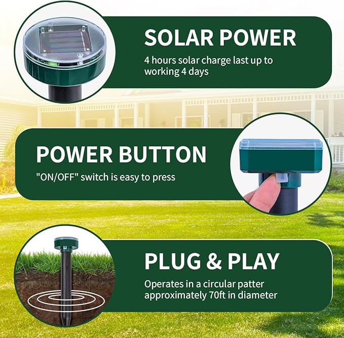 Upgrade 8PK Mole Repellent for lawns Gopher Repellent Ultrasonic Solar Powered Snake Repellent Deterrent Mole Repeller Vole Repellent Outdoor Lawns Garden Yard All Pests Sonic Spikes Stakes Chaser