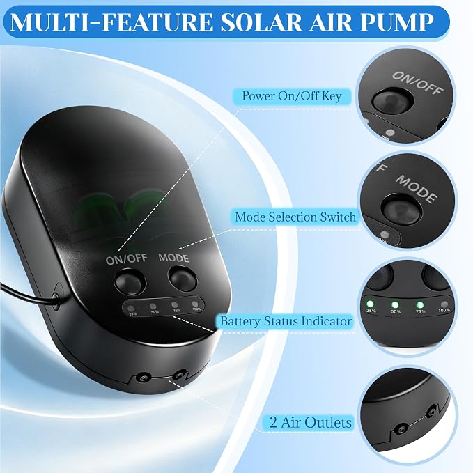 Yeomi 15W Solar Oxygen Pump, Solar Pond Aerator, Split Design Aquarium Oxygen Pump with Dual Air Ports, 22/55/110H Working Mode, Solar Aerator for Pond, Fish Tank, Aquarium, Hydroponics