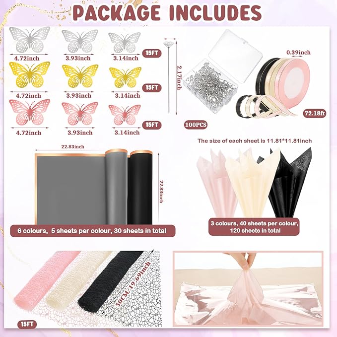 Qilery 334 Pcs Flower Wrapping Paper Set,153 Waterproof Floral Bouquet Wrapping Paper,72 3D Gold Butterfly Decoration,100 Pins, 6 Crowns and 3 Ribbons for DIY Craft(Elegant Color)