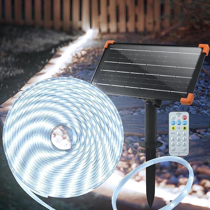 50Ft Solar Strip Lights Outdoor, Waterproof LED Light Strip Auto On/Off, Rechargeable Strip Lights 8 Mode with Remote Timer Acrylic Tape for Deck Patio Pool Pathway Camping Decor (Cool White)