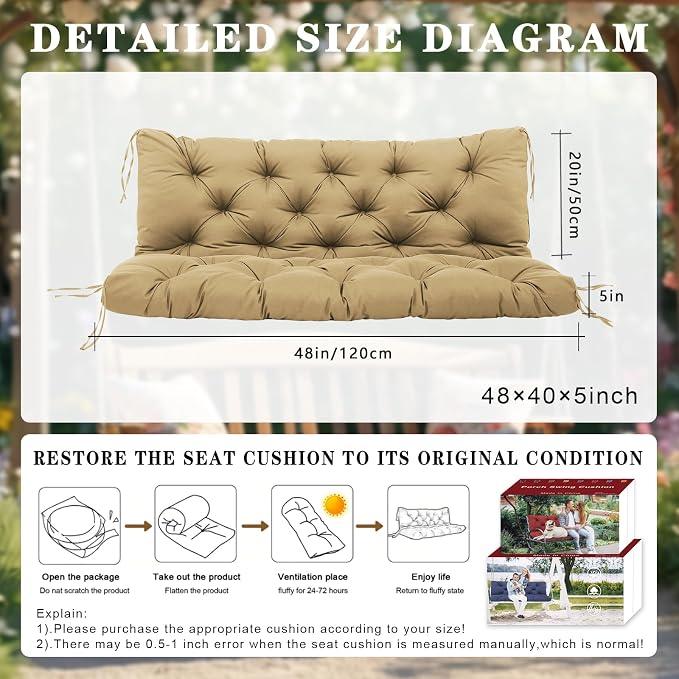 Porch Swing Cushions 48 inch 2 Seater Waterproof Outdoor Replacement Cushions with Backrest Thicken 5" Cushions for Porch Swing for Patio,Outdoor,Backyard and Garden(Khaki 48×40×5inch)