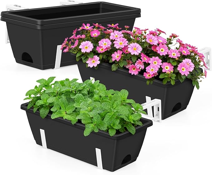 OYEAL Railing Planter Box Outdoor 4 Pack Hanging Balcony Planters 17 Inch Window Boxes Planter with Adjustable Brackets Plastic Flower Pots for Garden Deck Porch Railing Balcony Fence, Black & White
