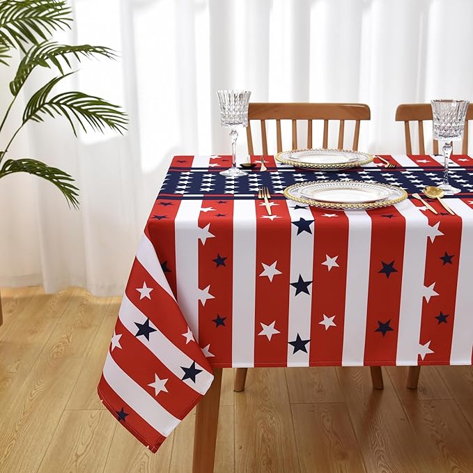 Classic 4th of July Tablecloth Fabric - Oblong 58x120 Water Resistant Chequered Memorial Table Cloth for Indoor/Outdoor Use - Tabletop Cover for Birthday, Picnics, Gardens, and Parties