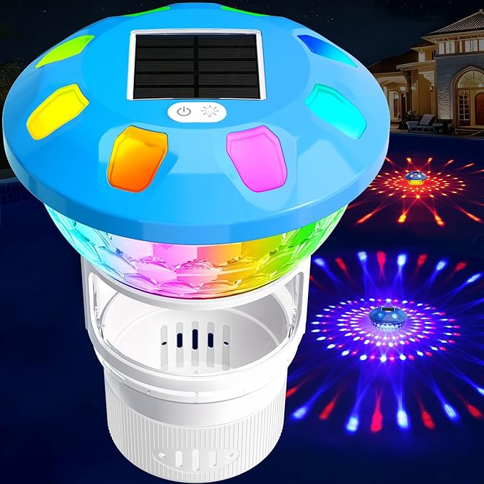 ChlorBlu 2026 Upgrade Solar Chlorine Floater, Chlorine Floater Colorful Lights, Buttons Control Floating Chlorine Dispenser for Pool,Adjustable Pool Chlorine Floater,Large Chlorine Pool Floater,White