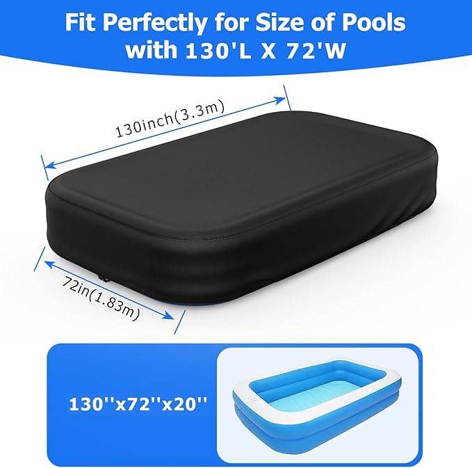 Rectangular Pool Cover for Inflatable Pool, Fits Blow Up Pool Size 130" L x 72" W, Built-in Elastic Band and Extra Buckle to Prevent Slipping, 11' x 6' Rectangle Above Ground Swimming Pool Cover