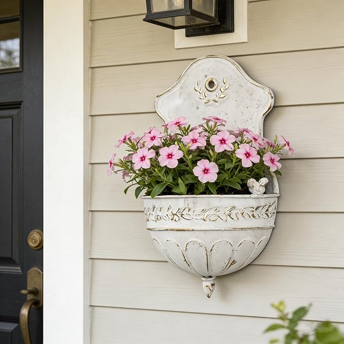 Vintage Distressed White Metal Wall Planter, Rustic Hanging Pocket Planter with Scrollwork & Scalloped Design, Farmhouse Wall Decor for Indoor & Covered Outdoor Garden, Porch & Entryway (White Gold)