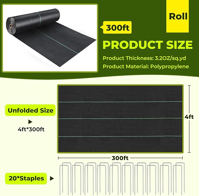4ft x 300ft Weed Barrier Landscape Fabric, 3.2oz Heavy Duty Woven Geotextile Fabric, Block Gardening Mat Ground Cover, Weed Control Garden Cloth for Gardening Ground, Landscaping, Driveway