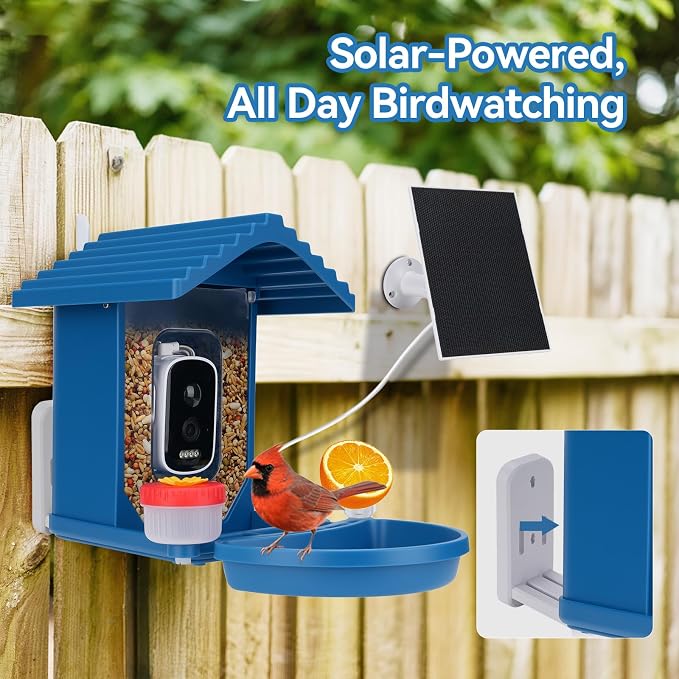 Bird Feeder with Camera Solar Powered,2.5K HD Video Bird House Live View,Smart AI Bird Species Identification for Outside Garden,Birds Bath,Ideal Gift for Birds Lover,Hummingbird (Blue) | Equipped with advanced night vision that captures clear footage ...