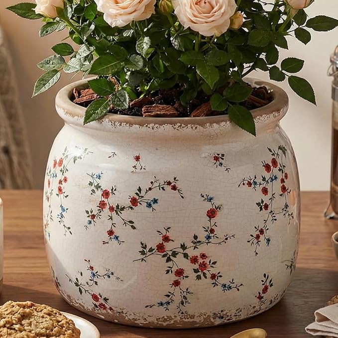 Cottagecore Ceramic Plant Pots, 6.29in French Country Floral Vase & Planters Indoor with Drainage, Distressed Cottage Farmhouse Home Decor for Balcony Bookshelf Table Centerpieces, Gifts for Grandma