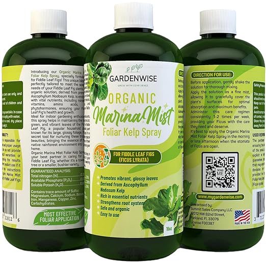 GARDENWISE Organic Marina Mist Foliar Spray for Fiddle Leaf Fig and Other Ficus Trees | Micro Nutrients for Vital Health | Gentle Formula | Liquid Plant Food | Quick Results | Ready to Use (16 OZ)