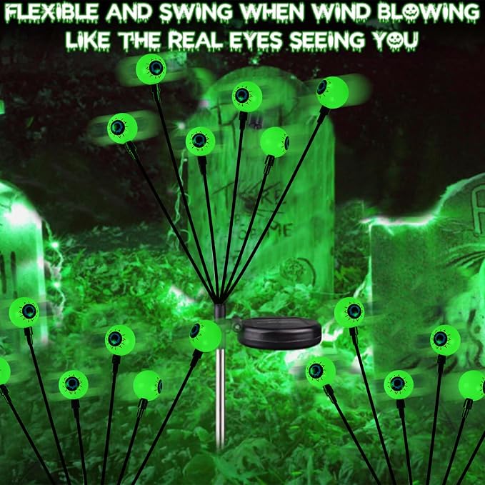 Solar Halloween Decorations Outdoor 6 Pack 36 LED Green Solar Eyeball Light | Newly 3-Tier Design, 2 Lighting Modes, Auto ON/OFF, IP65 Waterproof, Firefly Lights for Graveyard Lawn Garden Horror Party