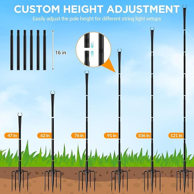 10FT String Light Poles, Heavy Duty Outdoor Light Pole Stand, 5-Prong Reinforced Steel Base, Anti-Rust, for Patio Garden Deck, Support Bistro & Edison Bulb Lights (4 Pack)