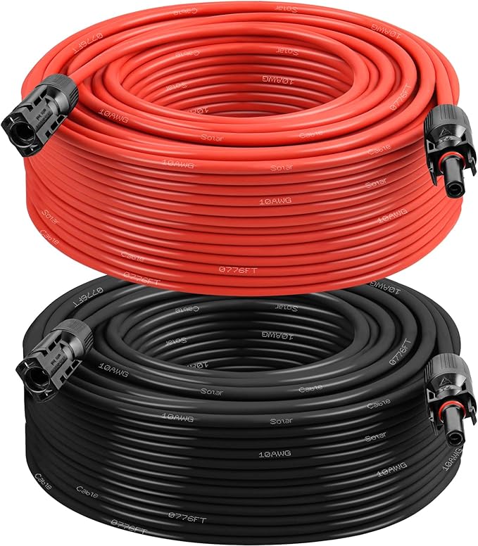 MOOKEERF Solar Panel Extension Cable - 10AWG 200FT Solar Wire with Female & Male Waterproof Connector PV Wire for RV, Photovoltaic Systems, Home, Boat, Solar Panels, Car(200Feet Red + 200Feet Black)