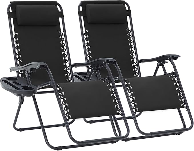 JEAREY Zero Gravity Lounge Chairs Set of 2, Adjustable Steel Mesh Recliners w/Pillows and Cup Holder Trays for Patio, Garden, Beach, Black