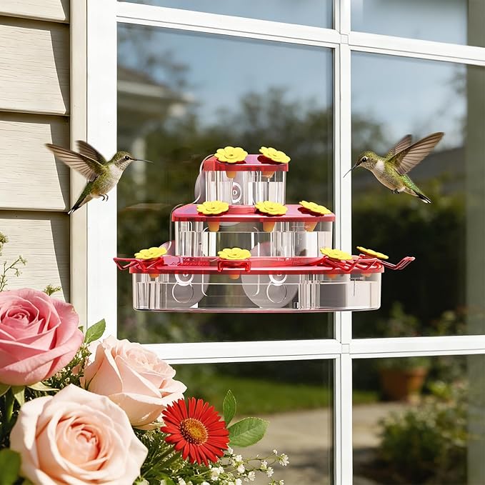 Birdream Hummingbird Feeders for Window, 2 Pack-18oz Suction Cup Hummingbird Feeder with 9 Feeding Ports & Clean Brush, Attracting Ruby Throated Anna Rufous - Red