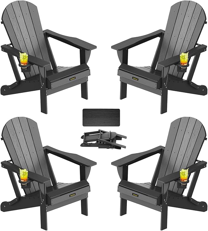 Plastic HDPE Adirondack Chair,Set of 4,Folding Adirondack Chair Weather Resistant with Cup Holder, Wooden Textured Fire Pit Outdoor Chair for Garden, Porch, Lawn, Backyard, Supports 380LBS, Black