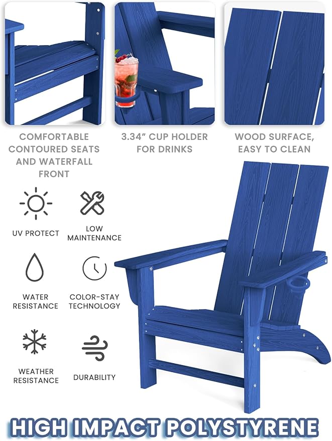 Modern Adirondack Chairs Set of 2, HDPE Plastic Patio Chairs for All Weather, Fire Pit Chair, Outdoor Lawn Chairs for Deck, Porch, Backyard, Garden, Navy Blue