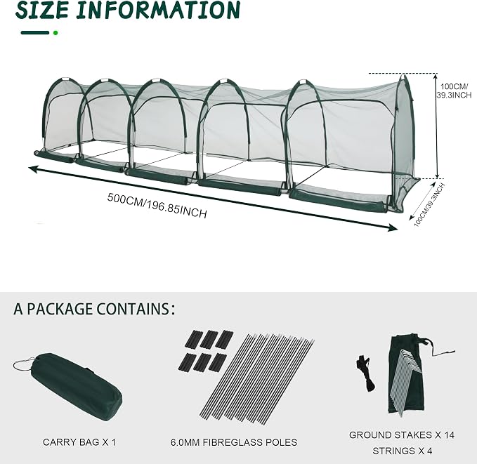 Flexible Net Grow Tunnel - Garden Greenhouse Mesh Cover Growhouse Plant Netting Covers for Protecting Fruit Vegetables Plants Cultivation (5M)