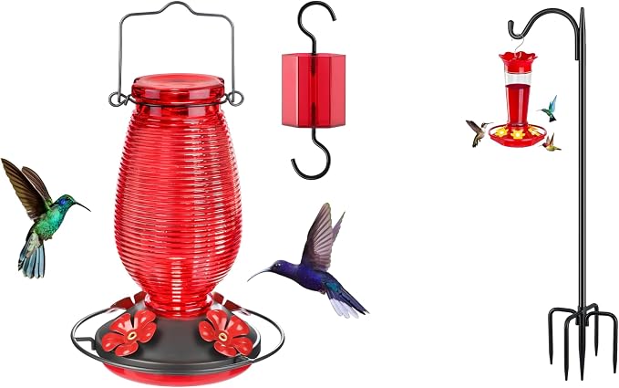 FEED GARDEN Glass Hummingbird Feeder + Shepherds Hooks 60” 1 Pack